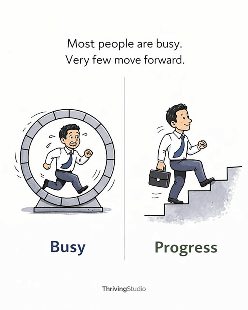 Illustration contrasting being busy in a wheel with making progress up stairs