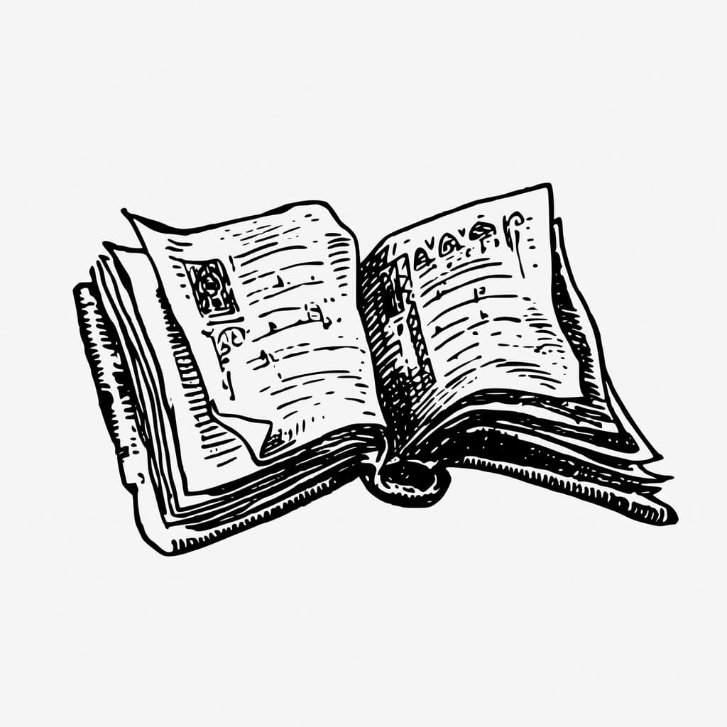 A black and white illustration of an open book