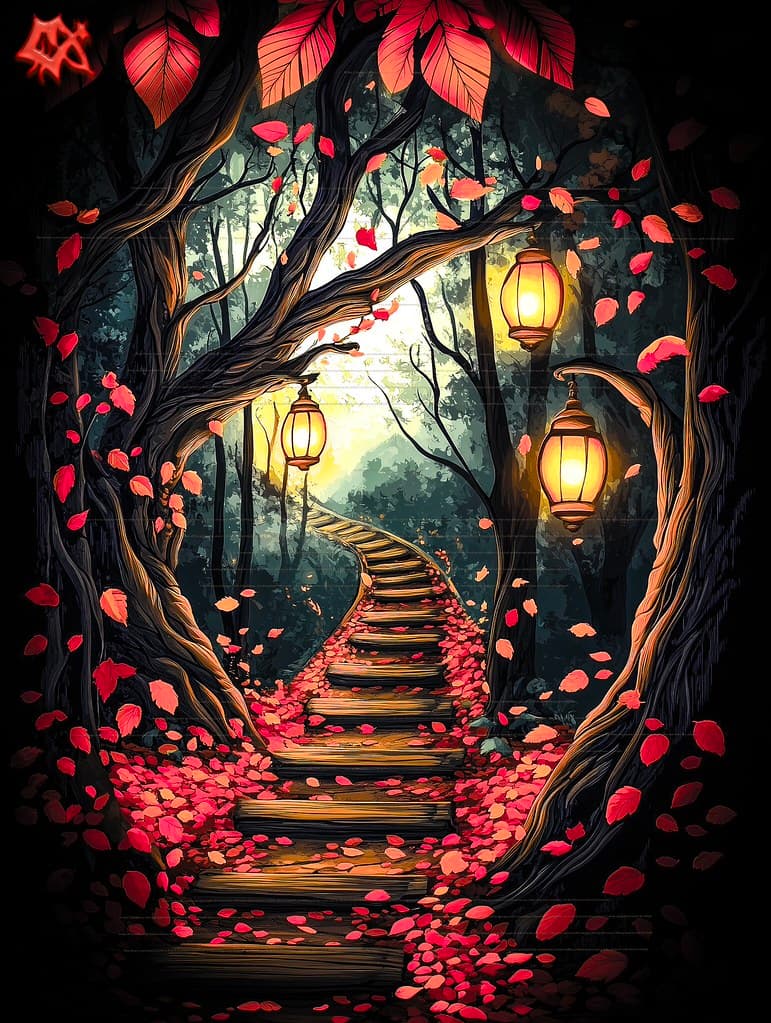 A lit path winding through a dark forest